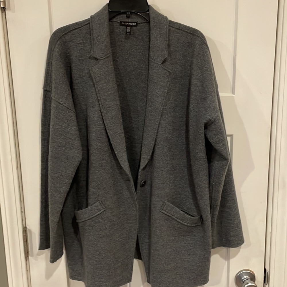 Eileen Fisher Women’s Large Gray Boiled Wool Cardigan Jacket Shawl Collar